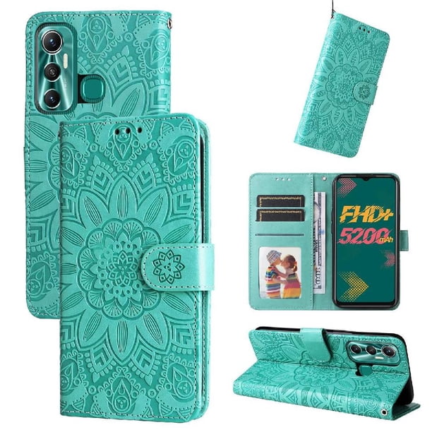 Funda tipo cartera FOXDOCK para Infinix Hot 11 , diseño girasol en relieve, cuero PU, cierre magnético, soporte y tarjetero