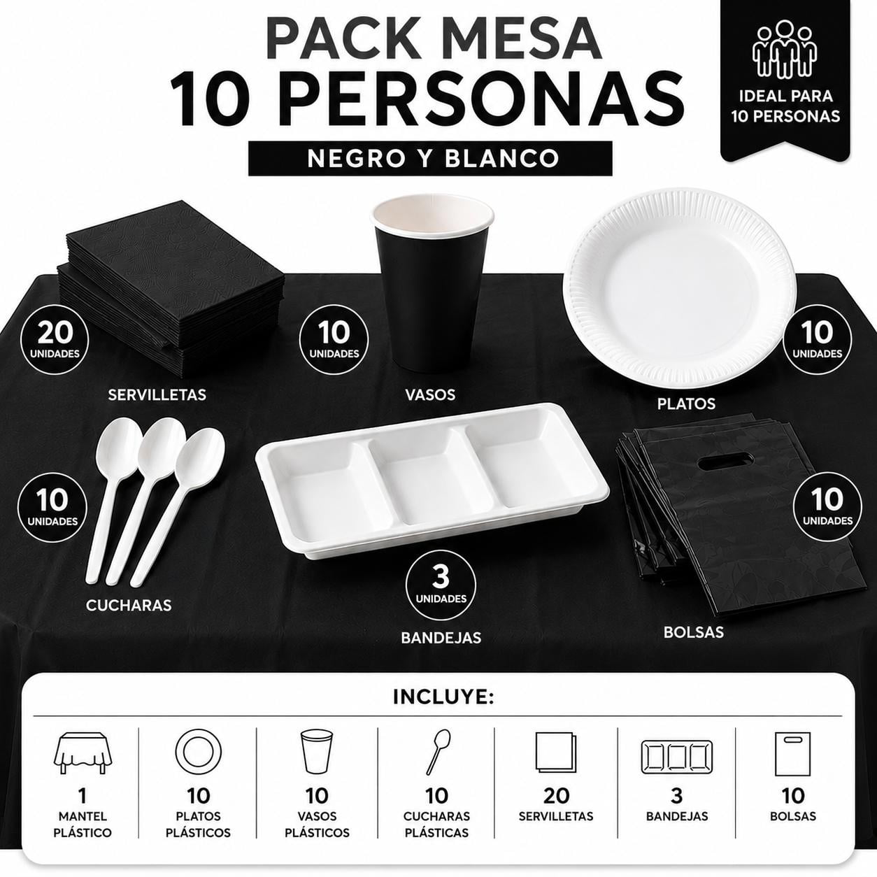 Genérico - Pack Cotillon Mesa 10 Personas Blanco Y Negro