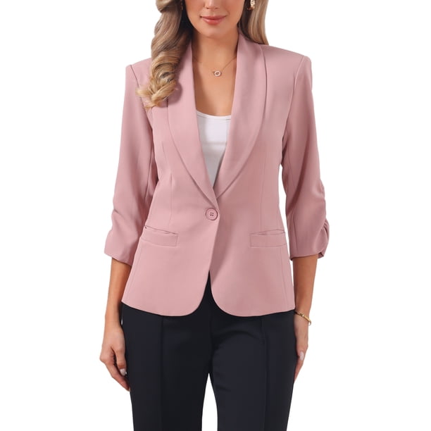 BLAZER DE SOLAPA INSPIRADORA CHIC para mujeres, mangas 3/4, bolsillo, traje de trabajo de un solo botón, S Rosa