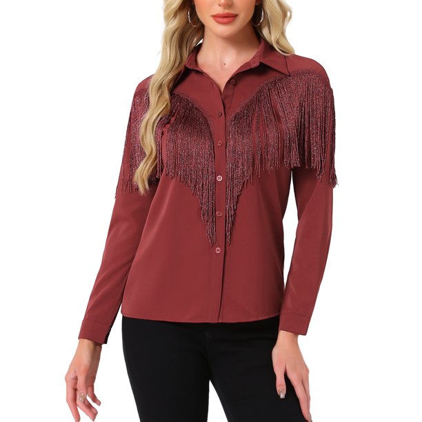 INSPIRE CHIC Camisa Occidental con Flecos para Mujer de Manga Larga con Botones, Blusa con Ribete de Borlas y Cuello Abatible Rojo Oscuro XL