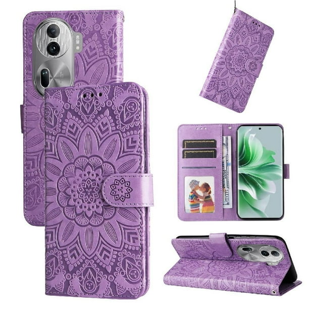Funda tipo cartera FOXDOCK para OPPO Reno 11 Pro 5G , diseño girasol en relieve, cuero PU, cierre magnético, soporte y tarjetero