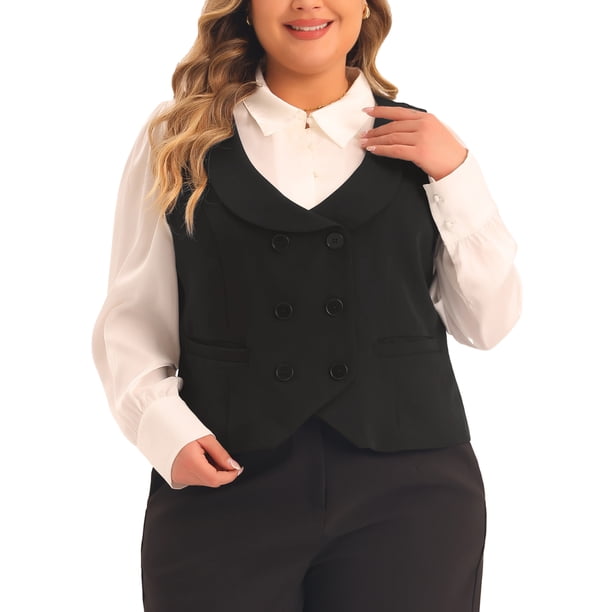 Chaleco de Traje Escolar para Mujer de Talla Grande Agnes Orinda, Doble Botonadura, Cuello Vintage con Solapa, Chaleco Elegante con 2 Bolsillos 4X Negro
