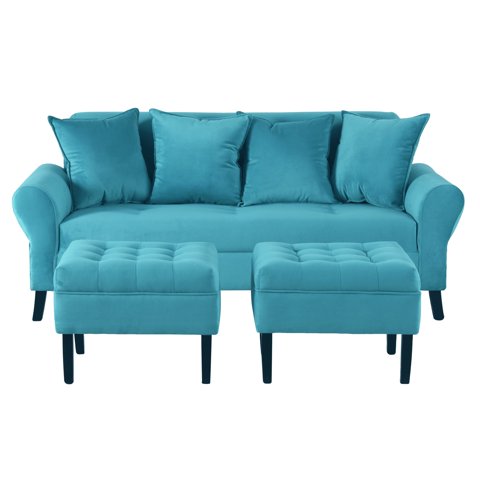 Bodevir - Sofa Lua 3C + 2 Pouf Felpa 20 Turquesa
