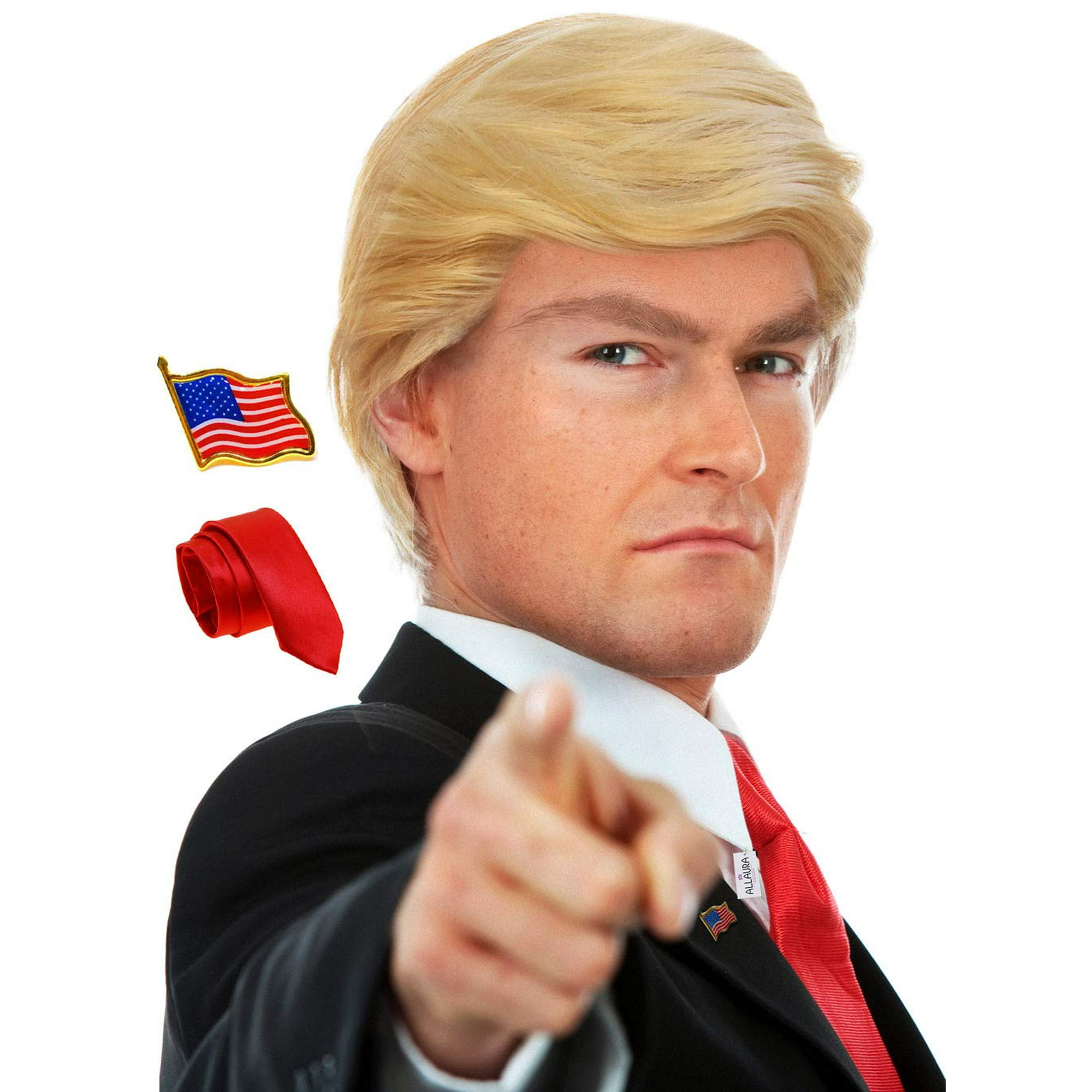 Peluca Donald De Disfraz Allaura, Alfiler Con La Bandera Y Corbata Roja Para Adultos