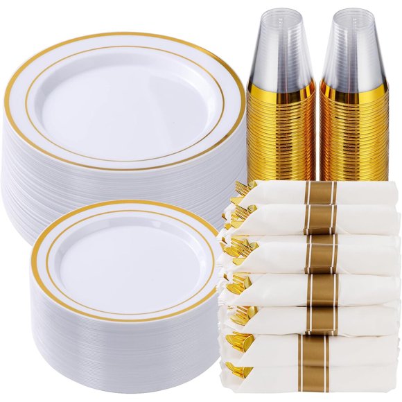 Juego de vajilla Goodluck de 350 piezas con borde dorado, 26 cm y 19 cm
