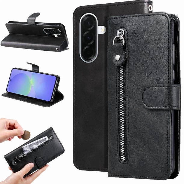 Funda tipo cartera para Samsung Galaxy A37 con bolsillo con cremallera y ranuras para tarjetas – Función de soporte Negro