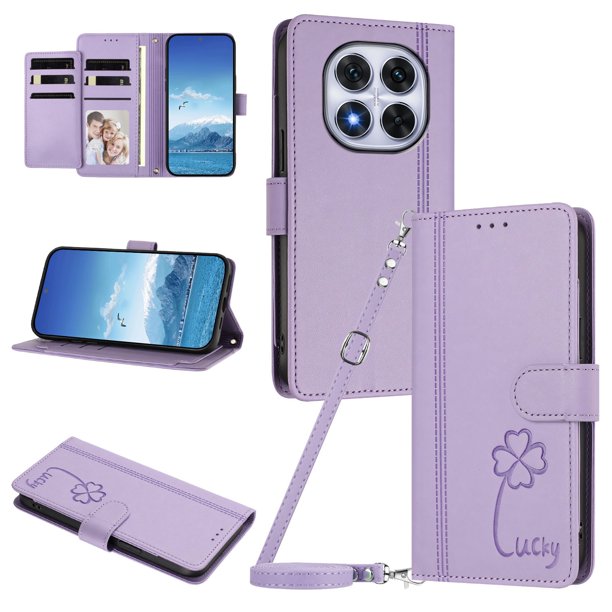 Funda Cartera Trébol para Xiaomi Redmi Note 14 Pro 4G con Ranuras Tarjetas y Carga Inalámbrica Morado claro