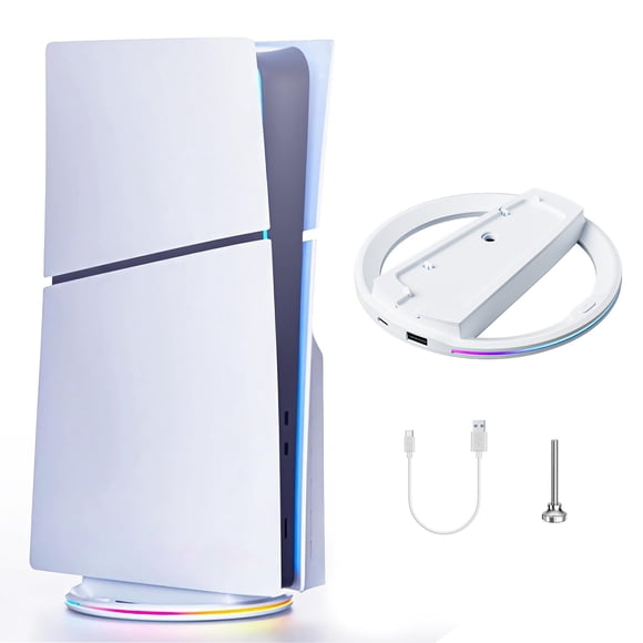 Soporte Vertical RGB para PS5/PS5 Slim/PS5 Pro Edición Digital y Edición de Disco, Base Antideslizante, Accesorio que Ahorra Espacio con Ranura de Almacenamiento para Soportes