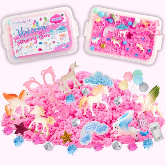 Cubo de arena sensorial Sensationally OT Unicorn con 38 piezas para niños