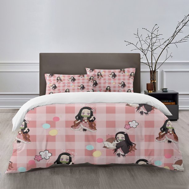Nezuko Bedding Sets Bed Cartoon Duvet Cover Lightweight 3 Piece Bet Sets for Kids Boys Girls