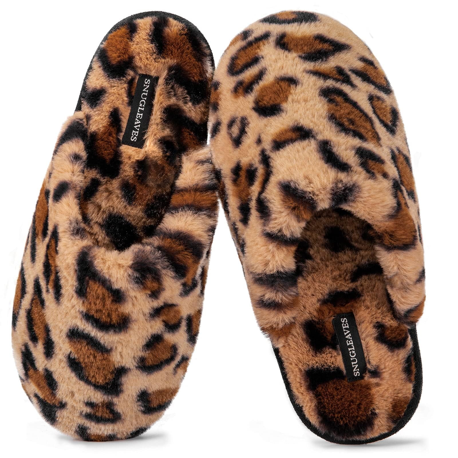 Zapatillas Snug Leaves Fuzzy Scuff Para Mujer, Color Marrón Guepardo, Tallas 7-8