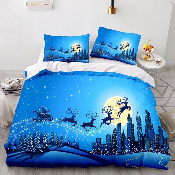 Night Reindeer Sledge Quilt Duvet Cover Set Bedroom Decor Queen 3-Piece Bedding Set