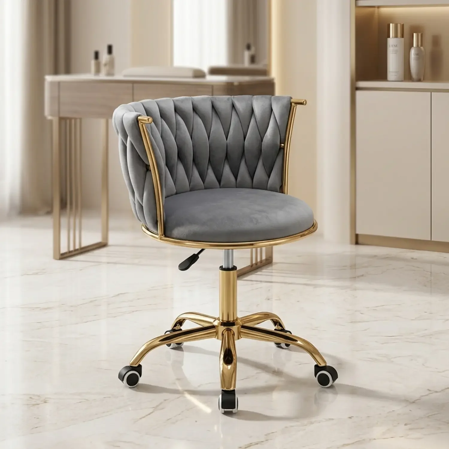 Genérica - Silla Manicure Profesional Velvet Con Ruedas Y Base Dorada Monaco Para Salón De Belleza Gris