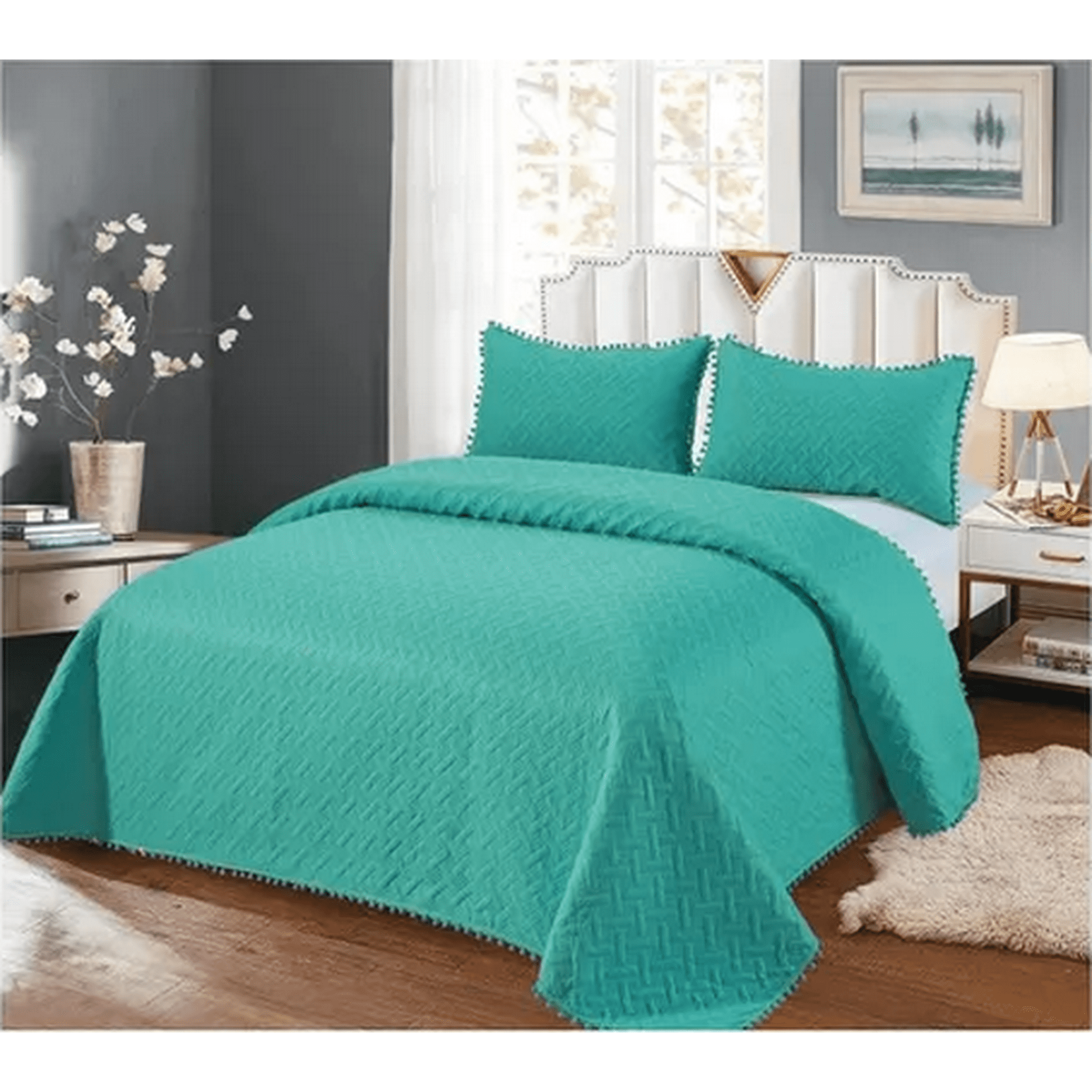 Genérico - Cubrecama Quilt Pompones 2 Plazas Color Turquesa