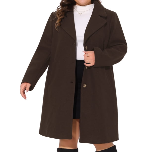 Abrigos para mujer de talla grande de Agnes Orinda, manga larga, solapa con muesca, abrigo de otoño e invierno, talla 1X, color café