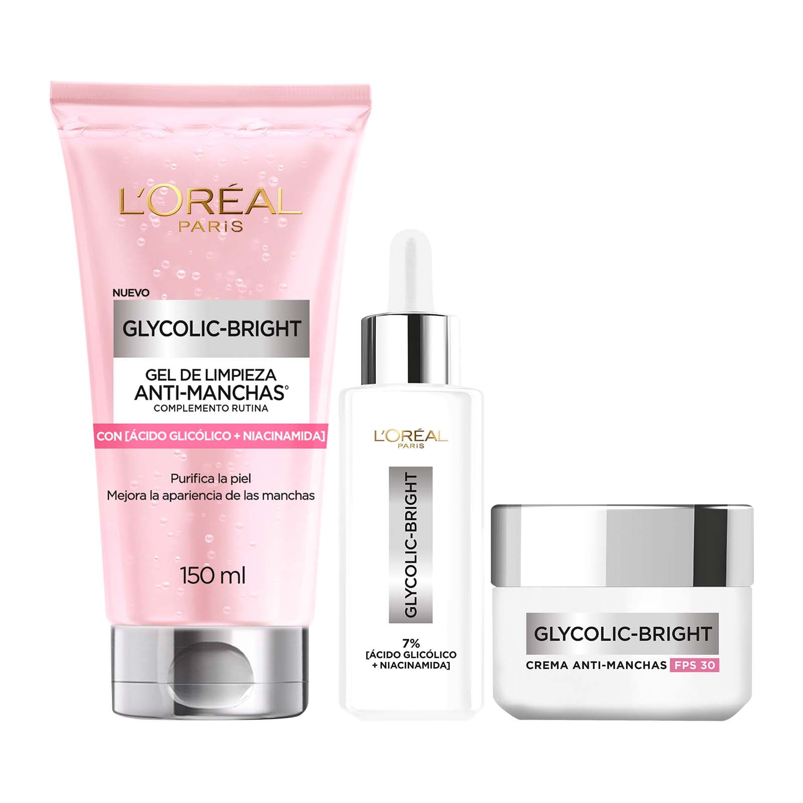 Loreal - Pack Rutina Glycolic Gel Limpieza Sérum Y Crema Día Fps 30