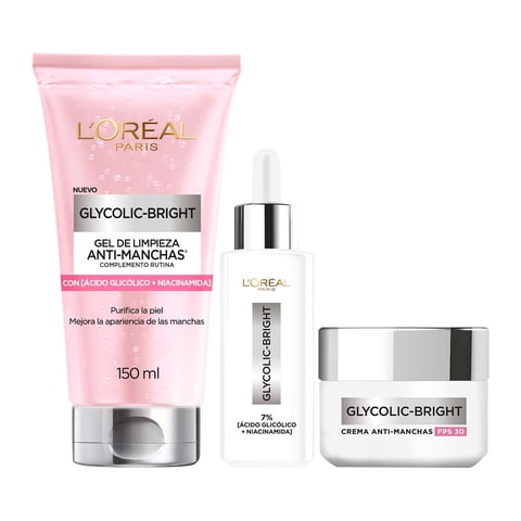 Loreal - Pack Rutina Glycolic Gel Limpieza Sérum Y Crema Día Fps 30