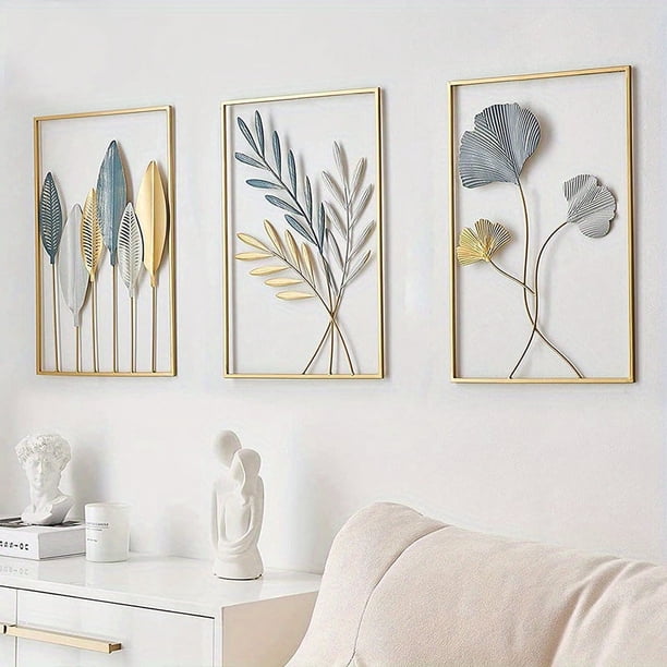 3pcs Mounted Metal Wall Decor, Thick Minimalist Metal Wall Art, Modern Metal Leaf Wall Hanging, Suitable For Sofa Backdrop Bedroom And Living Room, Golden Classic Style, No Frame, 17.3x 11.8 Inches