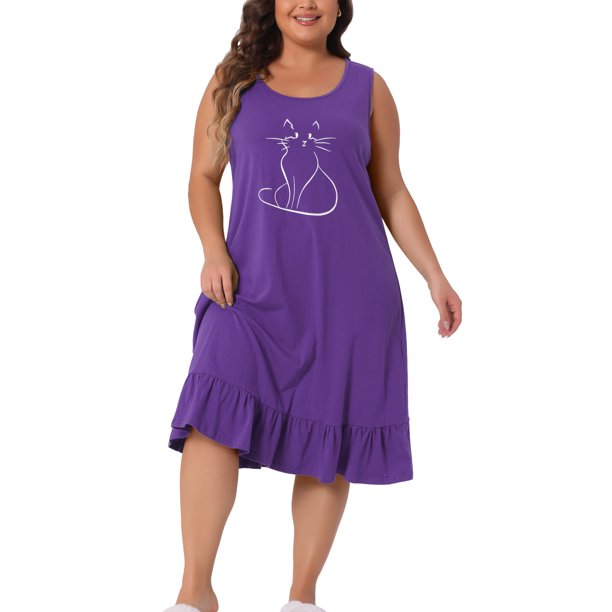 Agnes Orinda Women's Plus Size Camisones sin mangas Vestido de noche suave y cómodo con estampado de gatos Ropa de dormir Pijamas 1X Púrpura oscuro