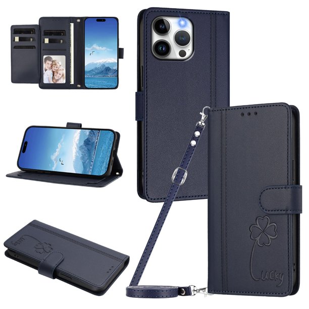 Funda Cartera Trébol para iPhone 14 Pro Max con Ranuras Tarjetas y Carga Inalámbrica Azul oscuro