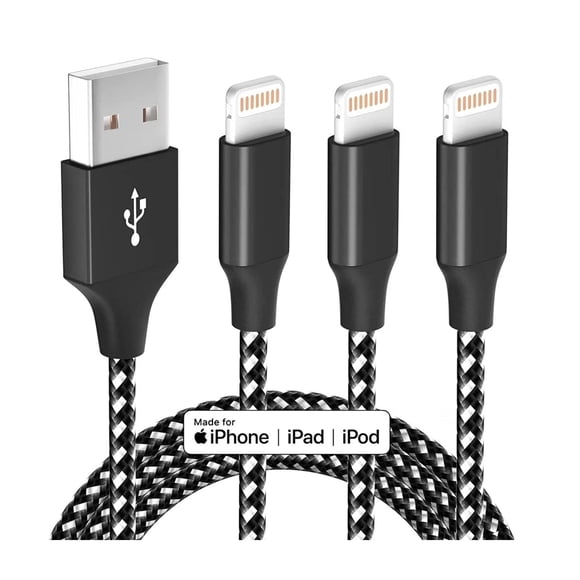 Cable de carga MenosUp para iPhone MFi, 10 pies, trenzado de nailon, paquete de 3 unidades