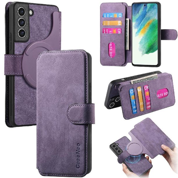 Funda Billetera Magnética para Samsung Galaxy S21 FE Soporte Tarjetas Desmontable Morado