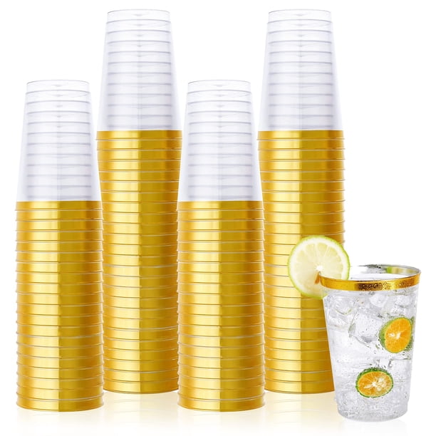 Vasos de plástico Vplus, 350 ml, con borde dorado, 150 unidades, reutilizables y transparentes