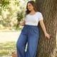 thumbnail image 2 of Agnes Orinda Jeans de Talla Grande para Mujer con Cintura Elástica y Cordón, Pantalones de Mezclilla Casuales de Pierna Ancha Chambray Palazzo con Bolsillos 4X Azul Oscuro, 2 of 8