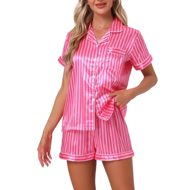 INSPIRE CHIC Conjunto de Pijama de Satén para Mujer Camisa de Manga Corta con Botones y Pantalones Cortos con Cuello en V y Estampado de Rayas Ropa de Dormir XL Rosa Fucsia