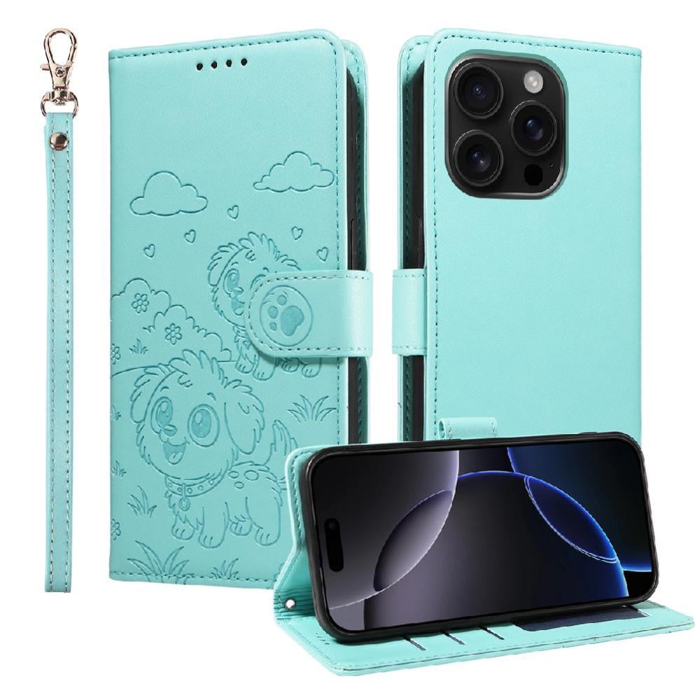 Foxdock - Funda Cartera Para Iphone 16 Pro Perro Cachorro Grabado Con Tarjetas Soporte Correa Verde