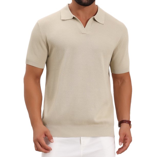 INSPIRE CHIC Regreso a Clases Polo de Punto Texturizado para Hombre Cuello en V Manga Corta Polo de Golf M Beige