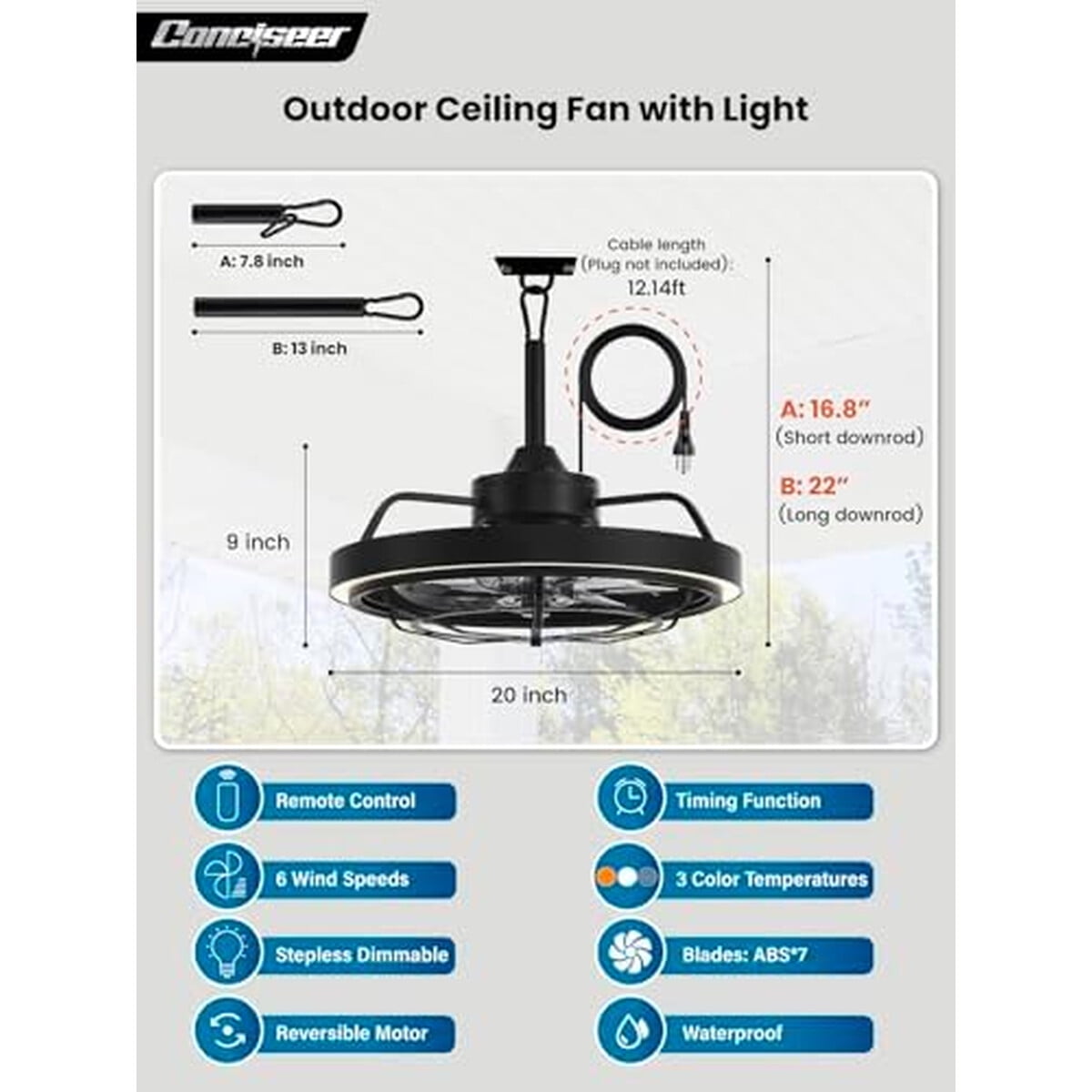 Ventilador Techo Exterior Conciseer 20 Luz Led Ip55 Control