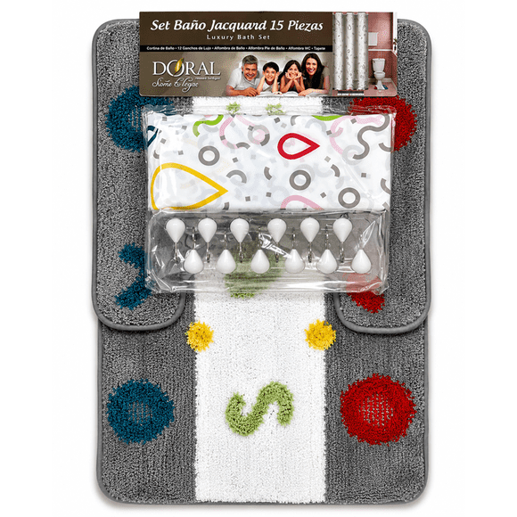 Set de Baño 15 Piezas Doral - Cortina + Alfombras + Ganchos -  Antideslizante gotas multicolor