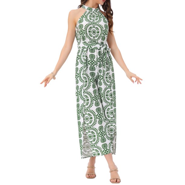 INSPIRE CHIC Mono Casual Sin Mangas para Mujer con Estampado Boho, Cuello Halter con Lazo, Pantalones Anchos con Abertura para la Playa, XS Verde