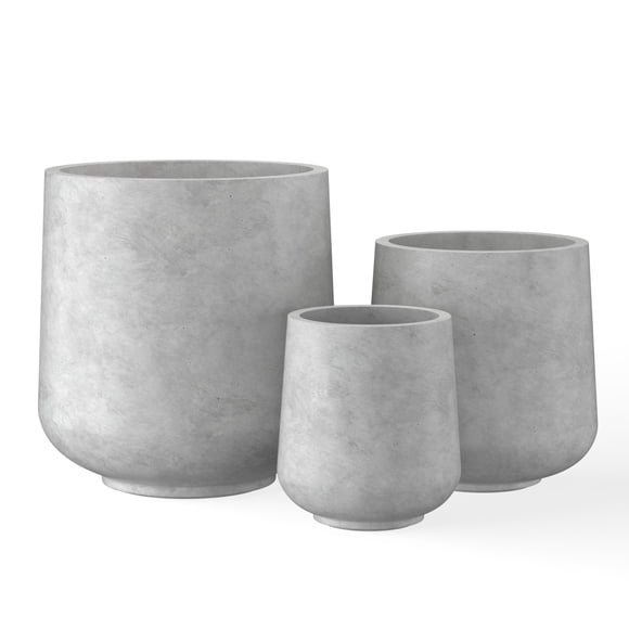 Kante - Juego de 3 maceteros curvos de concreto gris claro 42 cm, 33 cm y 24 cm