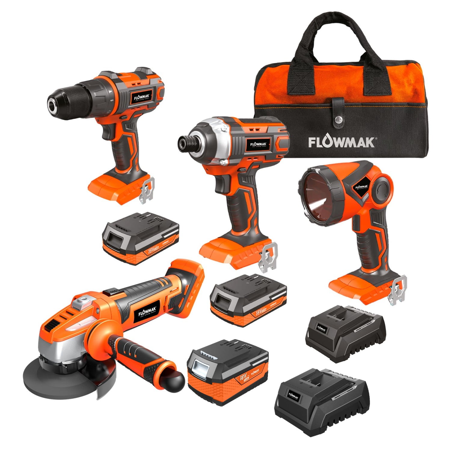 Flowmak - Kit Taladro 13mm Atornillador Linterna Esmeril Pro