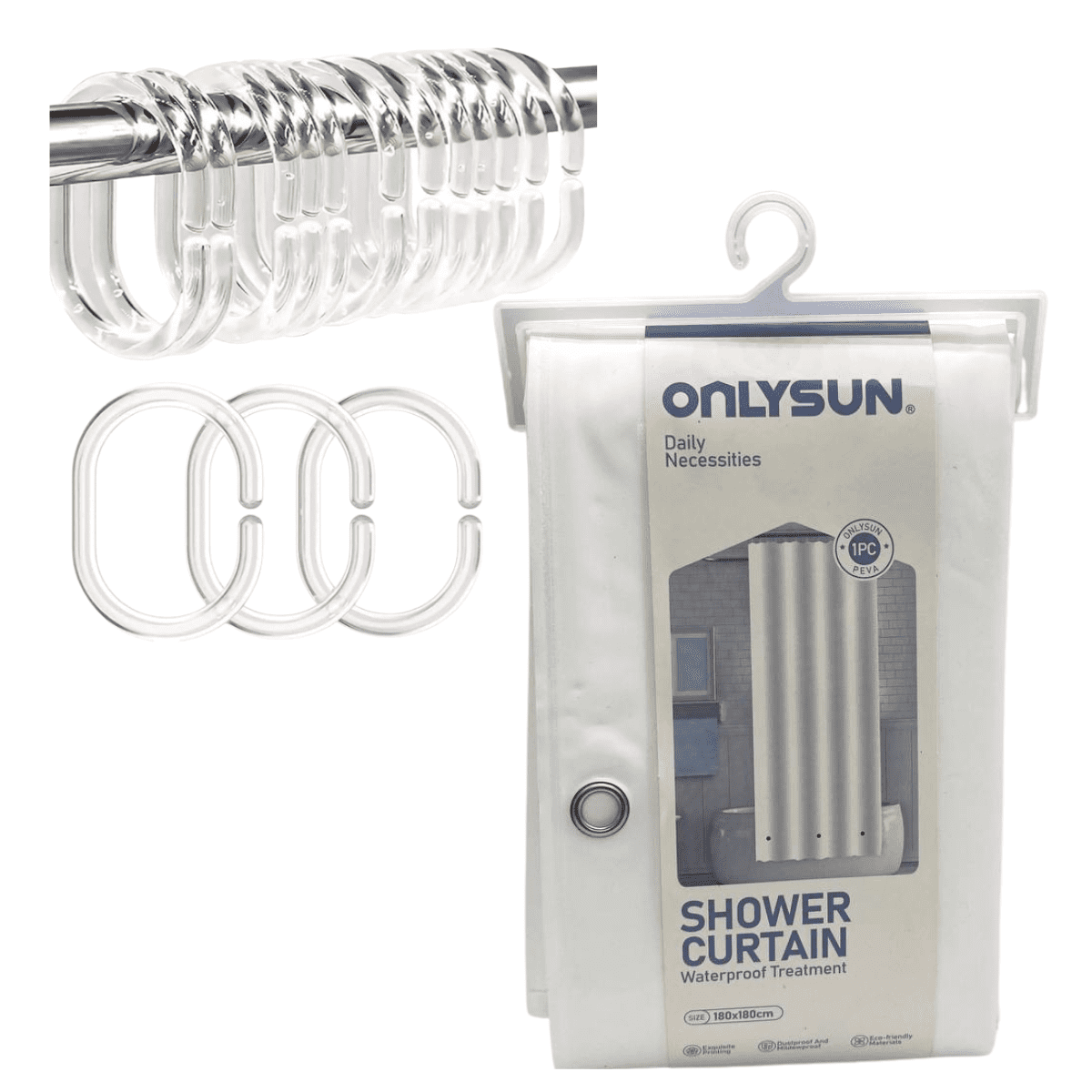 Genérico - Cortina De Baño Impermeable 180x180cm Con 12 Argollas De Plástico - Color Blanco