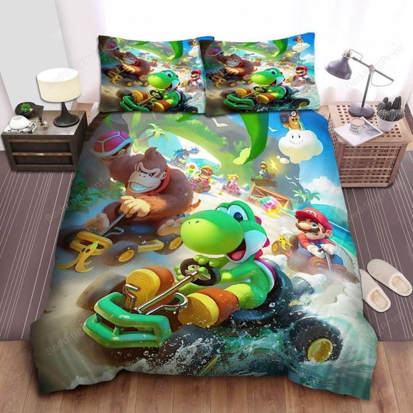 Super Mario Kart Game Racing On The Beach Quilt Duvet Cover Set Doona Cover3-Piece Bedding Set
