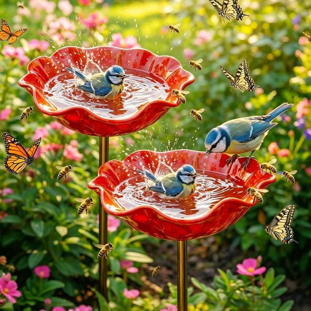 Estacas jardín flor metal 4 uds baño pájaros cuenco agua abejas decoración exterior jardín