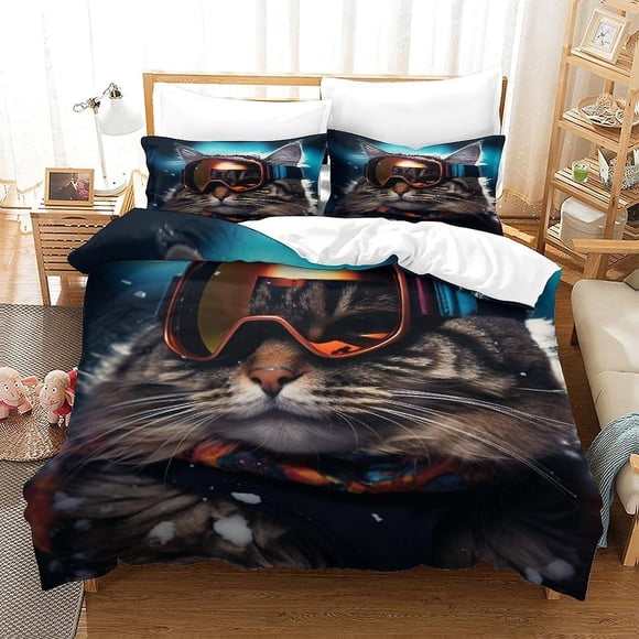 Juego De 3 Piezas Skiing Cat Ropa De Cama Con Estampado 3d Funda De Almohada Cremallera Oculta Bonita Funda Nórdica De Microfibra Para Adultos Y Niños
