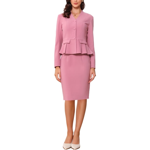 INSPIRE CHIC Traje de Mujer Conjunto de Regreso a Clases para Maestras Conjuntos de Negocios Blazer Peplum sin Cuello Traje Formal de Falda Lápiz Conjunto de 2 Piezas S Rosa Oscuro