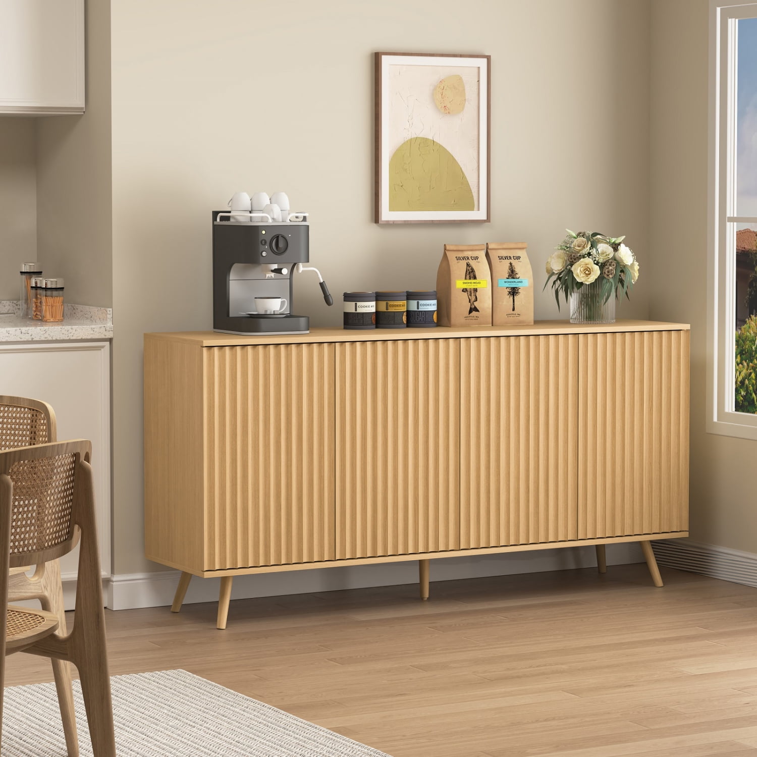 M&ms - Sideboard Buffet Cabinet With Storage, Long Sideboard Storage Cabinet With 4 Doors, Wood Credenza Console Coffee Bar Cabinets With Adjustable Shelves For Living Room Kitchen Dining Room Natural