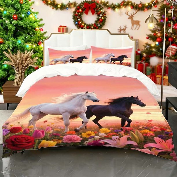 Two Horses Flower Sea Pattern bedding | Comfortable Polyester Duvet Cover And Pillowcases Suitable For All-Season Use Ideal For Home Hotel Dorm - Zipper Closure
