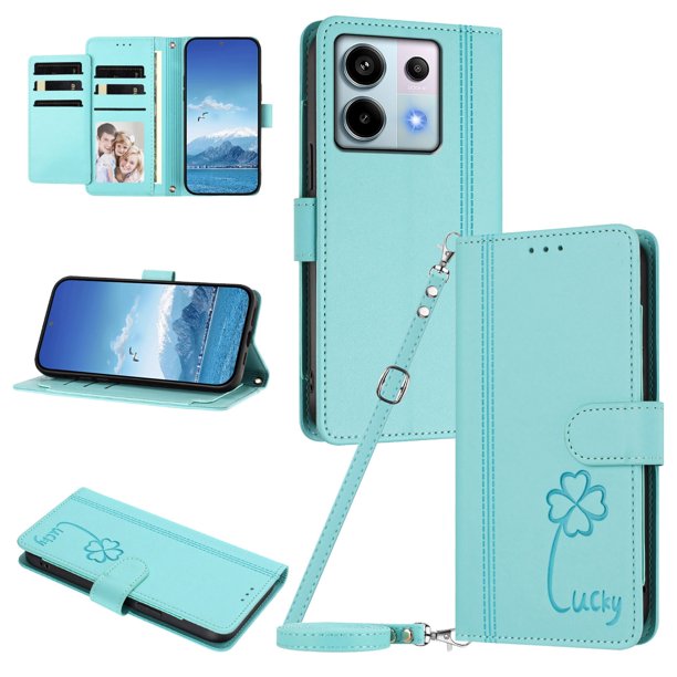 Funda Cartera Trébol para Xiaomi Poco X6 con Ranuras Tarjetas y Carga Inalámbrica Verde menta