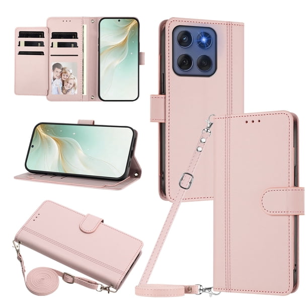 Funda Tipo Libro para Motorola Edge 60 Fusion con Ranuras para Tarjetas, Rosa