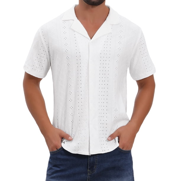 INSPIRE CHIC Camisa de Hombre con Cuello de Campamento, Botones Abajo, Manga Corta, Tejido Texturizado Hueco, Talla M, Blanco