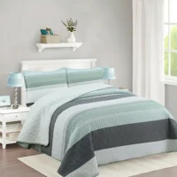 Casadeliacl - Cubrecama Quilt Sherpa 2Pl Verde Menta Gris Y Blanco. Diseño A Franjas Horizontales