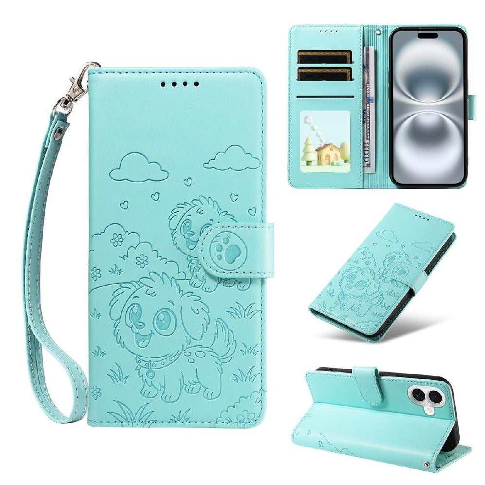 Foxdock - Funda Cartera Para Iphone 16 Perro Cachorro Grabado Con Tarjetas Soporte Correa Verde