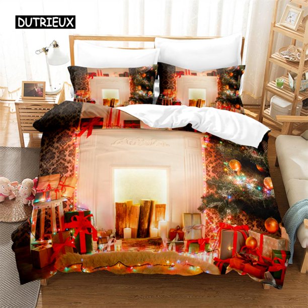v1626 Bed Sheets Fireplace Christmas Bedding Set Duvet Cover Set Bedding Digital Printing Bed Linen Queen Size Bedding Set Fashion Design 3-Piece Bedding Set (1 Duvet Cover + 2 Pillow Shams) Bed Shee