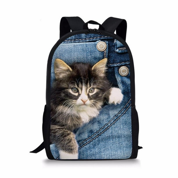 Black Denim Pocket Cat Student School Bag Kitten Printed Backpack Teenager Daily Casual Backpack Women Men Travel Rucksacks